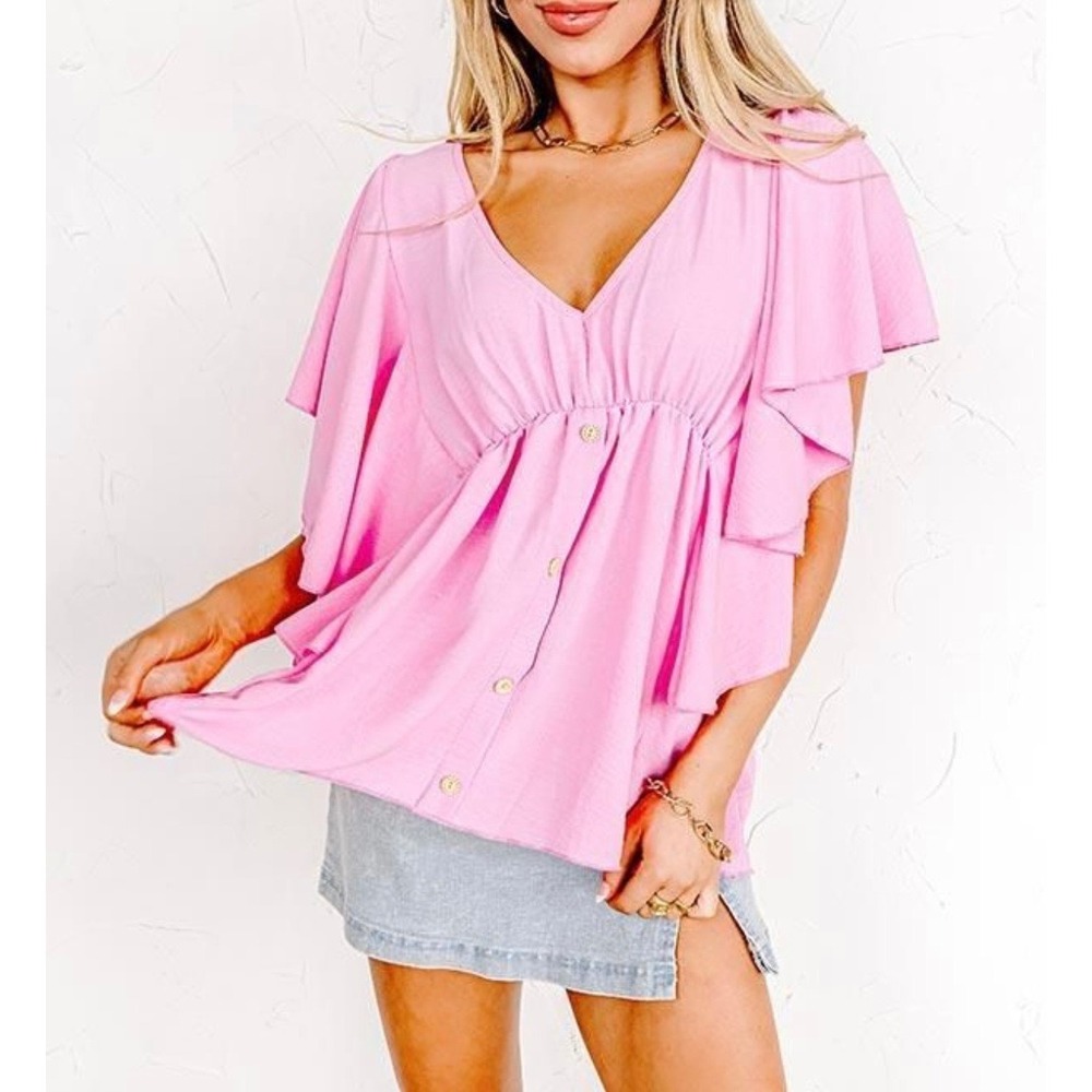 Impressions Ruffle Sleeve Blouse Women Small Pink Coquette Peplum Boho NWT